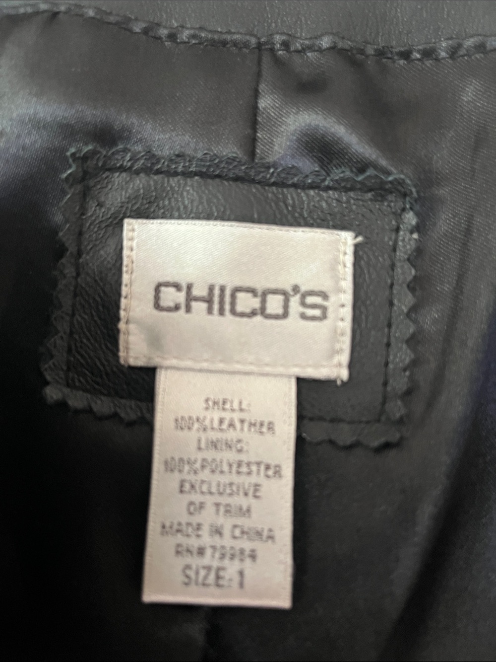 Chico's Black Leather Collarless Beaded Trim Jacket - Picture 2 of 5